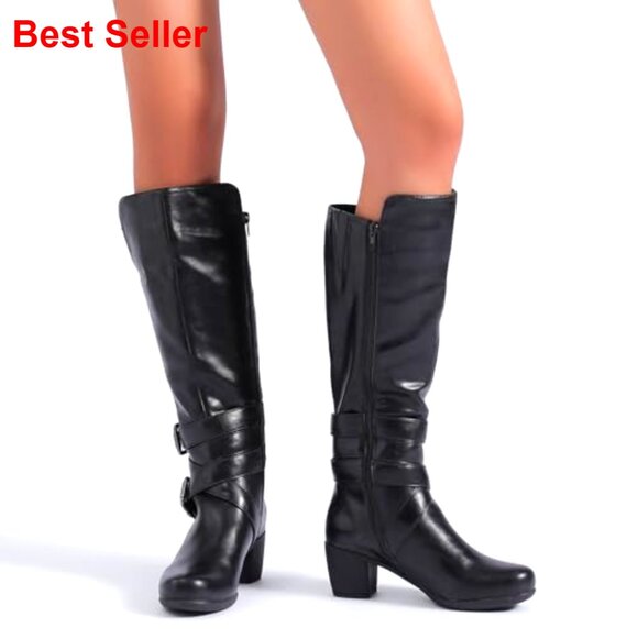Knee High Boots Chunky Heel Pointed Toe Leather Lining Comfortable - Picture 2 of 7